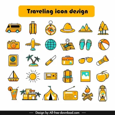 travel icons collection classical colorful symbols sketch