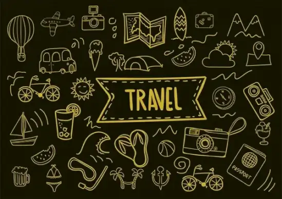 travel icons collection hand drawn dark background style