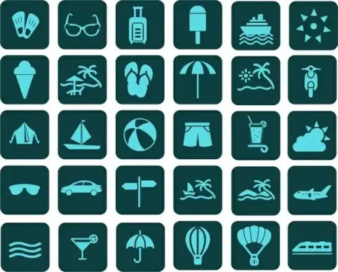 travel icons isolation various symbols in blue