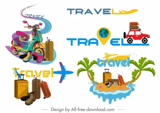 travel icons vehicles luggages island sketch