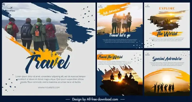 travel media posts templates modern dynamic realistic grunge silhouette decor