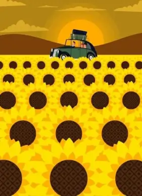 travel painting sunflower field car sun icons decoration