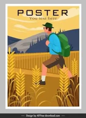 travel poster backpacker mountain scene sketch