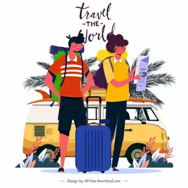 travel poster bus tourists luggage sketch cartoon characters