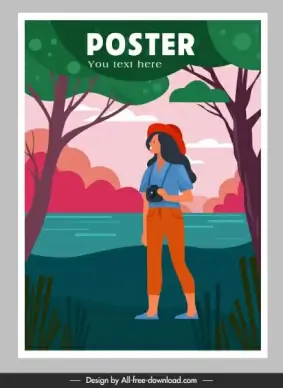 travel poster female traveler lake scene sketch