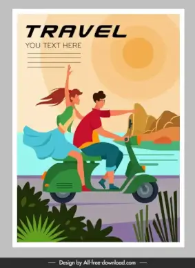 travel poster joyful couple motorbike sketch cartoon characters