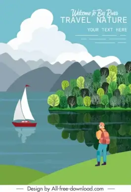 travel poster template tourist riverside sailboat sketch
