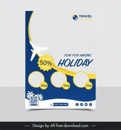 travel sale flyer template dynamic silhouette airplane checkered decor