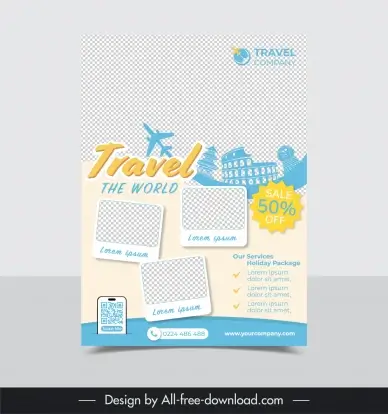 travel sale flyer template dynamic silhouette airplane landmark checkered
