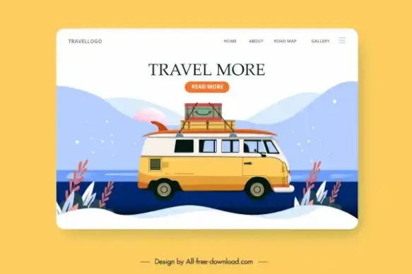travel web template bus luggage mountain scene sketch