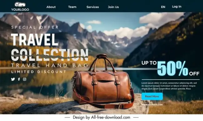 traveling bag landing page discount template elegant lake scene