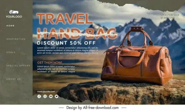 traveling bag landing page template ragged paper mountain scene