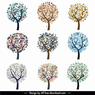 tree icons collection blooming sketch colorful flat sketch