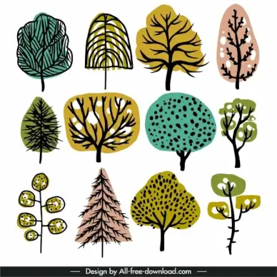 tree icons flat design retro handdrawn