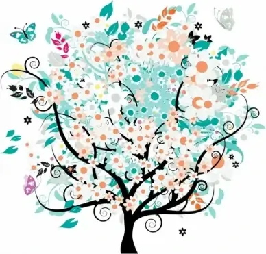 spring painting blooming tree butterflies icons colorful decor