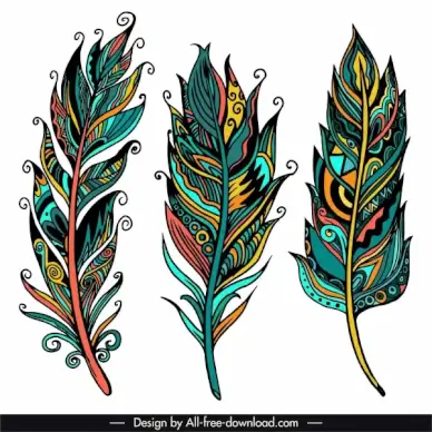 tribal feather icons colorful classical handdrawn sketch