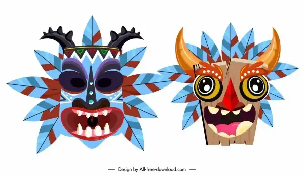 tribal mask icons colorful frightened faces sketch