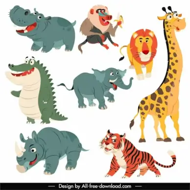 tropical animals icons cute cartoon character sketch