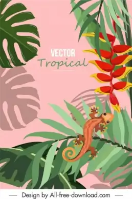tropical background flora leaves gecko sketch colorful classic