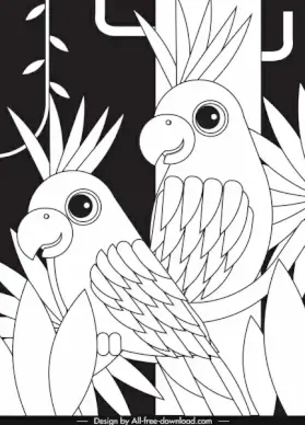 tropical jungle painting black white parrots sketch