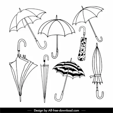umbrella icons black white handdrawn sketch