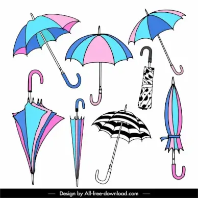 umbrella icons colorful handdrawn sketch