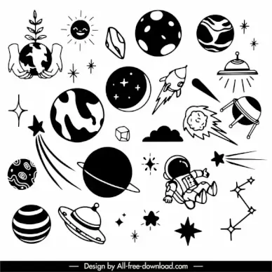 universe elements icons back white handdrawn cosmos symbols