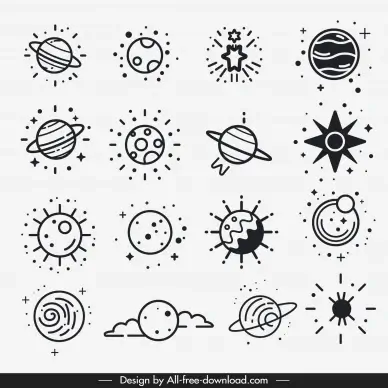  universe icons collection classical handdrawn planets outline
