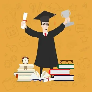 university achievement background graduated student trophy books icons