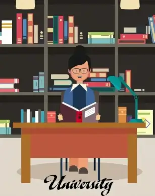 university library drawing woman bookshelf icon colored cartoon