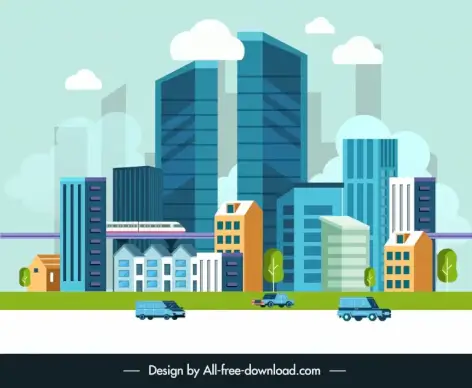 urban infrastructure backdrop modern skyscrapers vehicles sketch