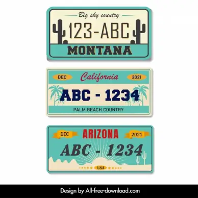 usa car number plate templates flat classical numbers cactus coconut sun sketch