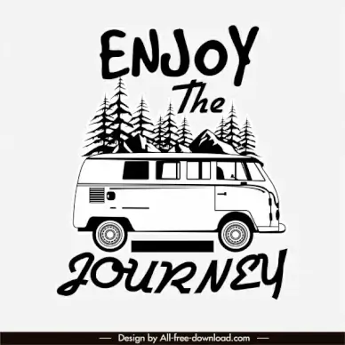 vacation banner black white retro bus sketch