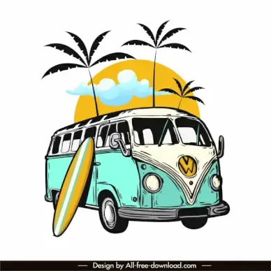 vacation design elements vintage bus coconut surfboard sketch