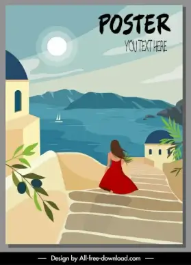 vacation poster template mediterranean sea scene lady sketch