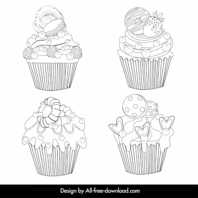 valentine cakes icons collection classical handdrawn black white outline  