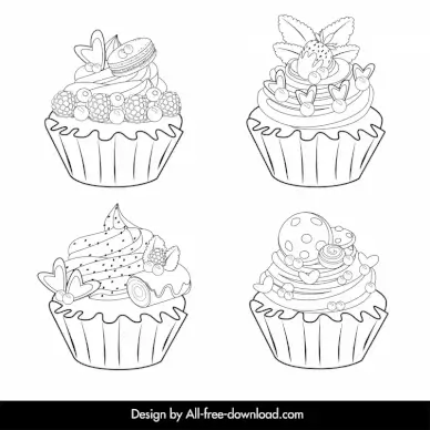 valentine cupcake icons collection black white handdrawn outline 