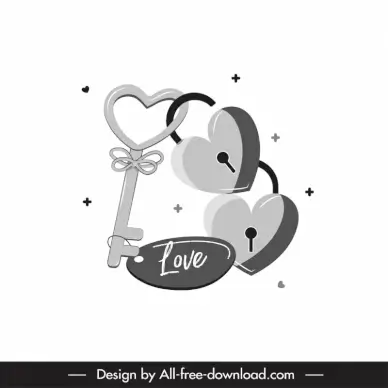 valentine design elements black white key heart locks sketch