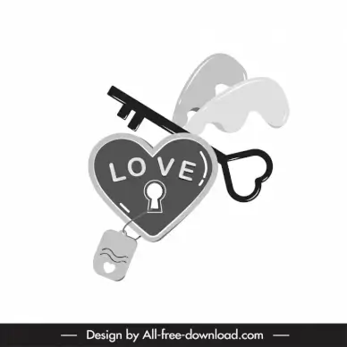 valentine design elements bw key heart lock tag icons sketch