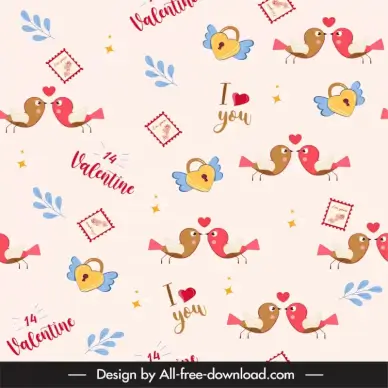 valentine pattern template cute repeating texts birds love elements decor