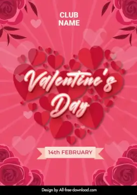 valentines day club party flyer template dynamic rays hearts roses