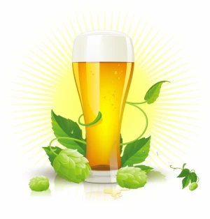 Vector glass of beer, hop cones and leaves