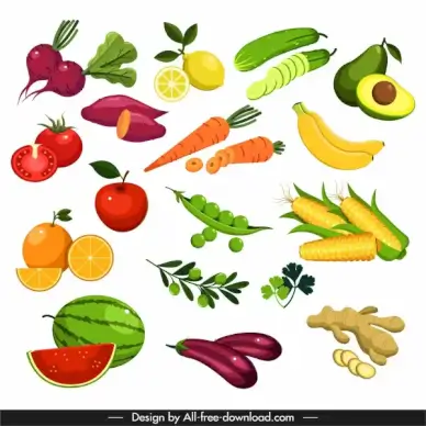 vegetables fruits icons colorful modern design