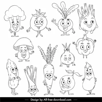 vegetables icons cute stylized sketch black white handdrawn