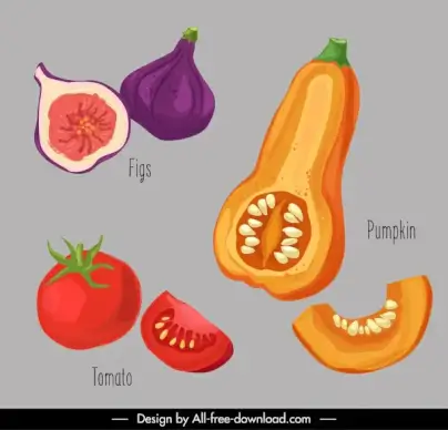 vegetables icons retro handdrawn figs tomato pumpkin sketch