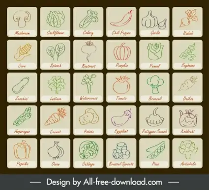 vegetables tags icons collection handdrawn flat sketch