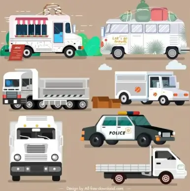 vehicles icons bus truck police cars sketch