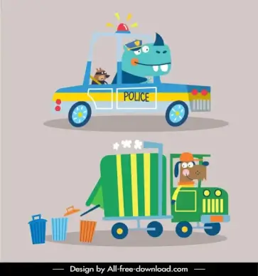 vehicles icons police rubbish disposal cars sketch