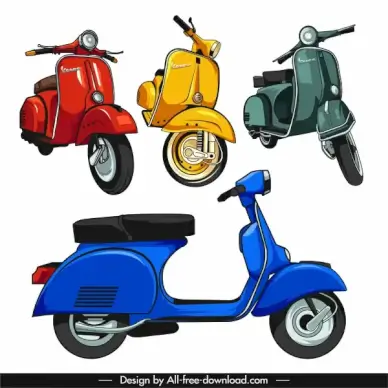 vespa motorbike icons colored classical 3d sketch