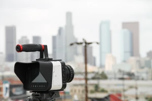 video camera pointed at city